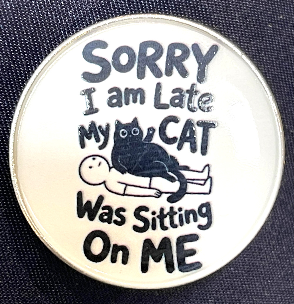NWOT Cat Lapel Pin Silver Toned Novelty Sorry I Am Late My Cat Was Sitting On Me